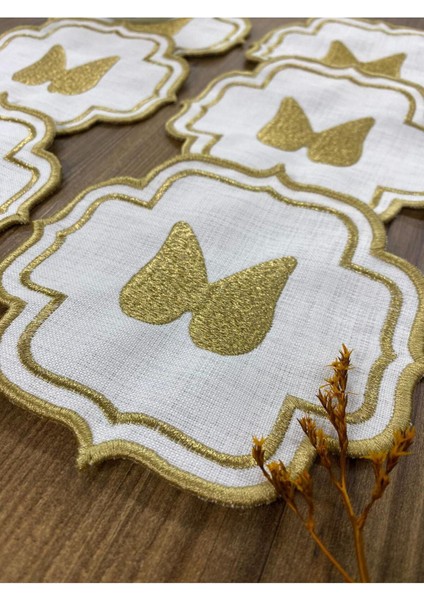 Linen Keten Gold Papatya 6'lı Kokteyl Peçetesi Sırma Nakış Işlemeli Kahve Yanı Sunumluk