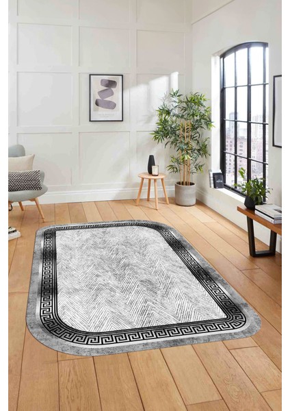 Dijital Lazer Kesim Klasik Model Yıkanabilir Kaymaz Yolluk Mutfak Salon Halısı, Lazer-39-Gri,