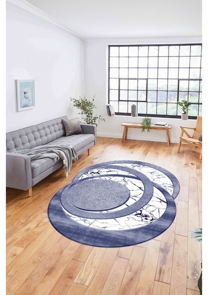 Dijital Lazer Kesim Daire Desen Yıkanabilir Kaymaz Yolluk Mutfak Salon Halısı, Lazer-33-Lacivert,