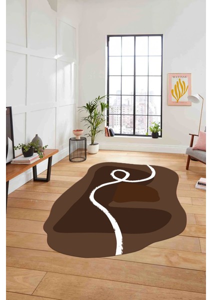 Dijital Lazer Kesim Sade Modern Yıkanabilir Kaymaz Yolluk Mutfak Salon Halısı, Lazer-45-Kahve,