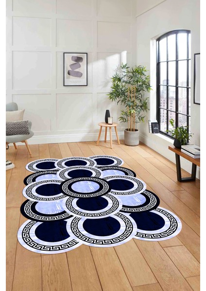 Dijital Lazer Kesim Daire Motifli Yıkanabilir Kaymaz Yolluk Mutfak Salon Halısı, Lazer-50-Lacivert,