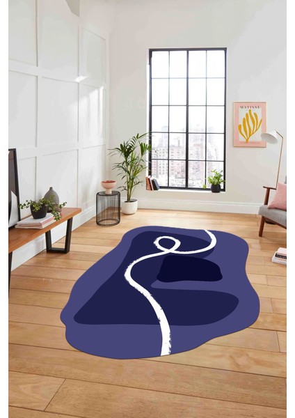 Dijital Lazer Kesim Sade Modern Yıkanabilir Kaymaz Yolluk Mutfak Salon Halısı, Lazer-45-Mavi,