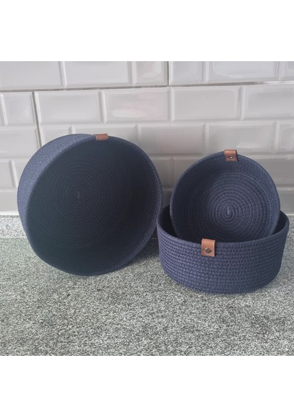 3lü Set Yuvarlak Jüt Hasır Sepet, Çok Amaçlı Düzenleyici, Kordon Ip Sepet, Organizer, Lacivert