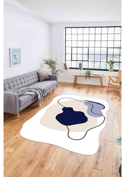 Baskılı Lazer Kesim Modern Yıkanabilir Kaymaz Yolluk Mutfak Salon Halısı, Lazer-32-Lacivert,