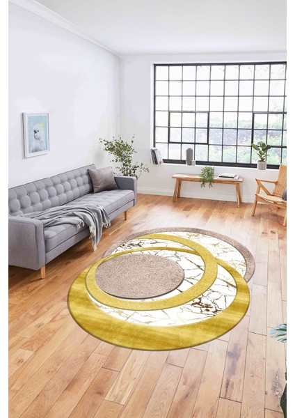 Dijital Lazer Kesim Daire Desen Yıkanabilir Kaymaz Yolluk Mutfak Salon Halısı, Lazer-33-Gold,