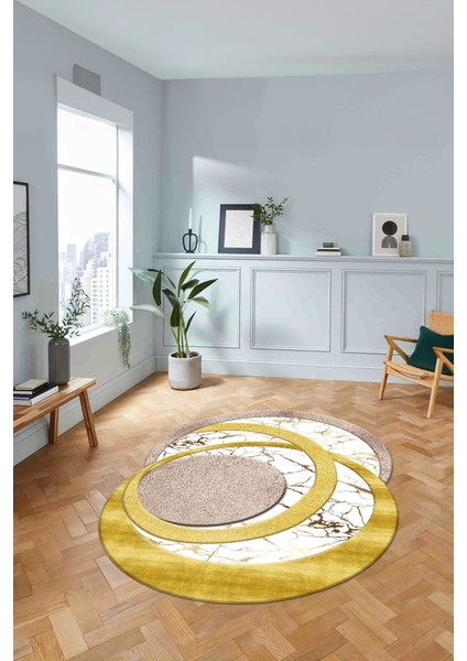 Dijital Lazer Kesim Daire Desen Yıkanabilir Kaymaz Yolluk Mutfak Salon Halısı, Lazer-33-Gold,