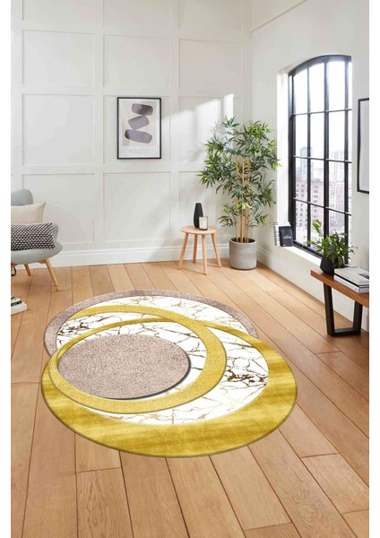 Dijital Lazer Kesim Daire Desen Yıkanabilir Kaymaz Yolluk Mutfak Salon Halısı, Lazer-33-Gold,