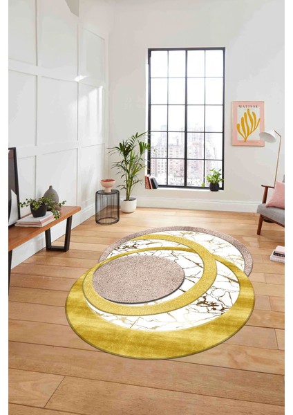 Dijital Lazer Kesim Daire Desen Yıkanabilir Kaymaz Yolluk Mutfak Salon Halısı, Lazer-33-Gold,