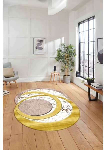 Dijital Lazer Kesim Daire Desen Yıkanabilir Kaymaz Yolluk Mutfak Salon Halısı, Lazer-33-Gold,