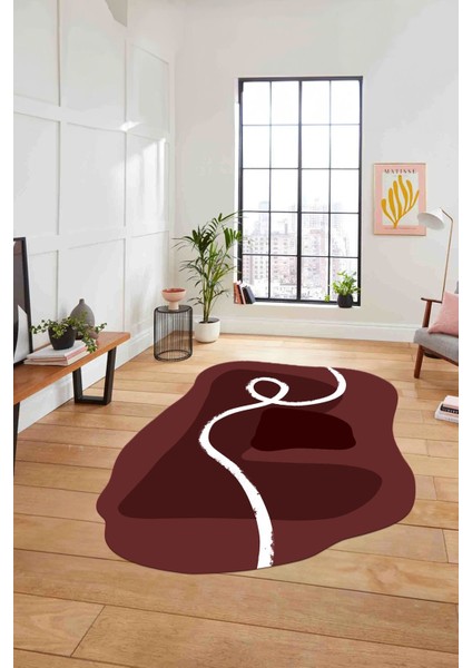 Dijital Lazer Kesim Sade Modern Yıkanabilir Kaymaz Yolluk Mutfak Salon Halısı, Lazer-45-Bordo,