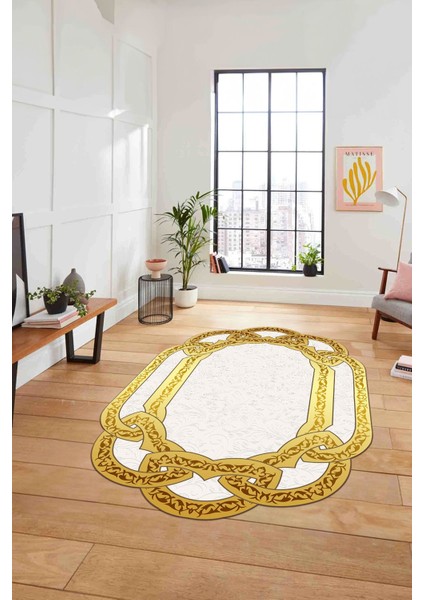 Dijital Lazer Kesim Vektörel Motifli Yıkanabilir Kaymaz Yolluk Mutfak Salon Halısı, Lazer-46-Gold,