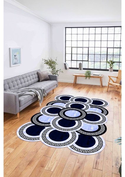 Dijital Lazer Kesim Daire Motifli Yıkanabilir Kaymaz Yolluk Mutfak Salon Halısı, Lazer-50-Lacivert, modelleri