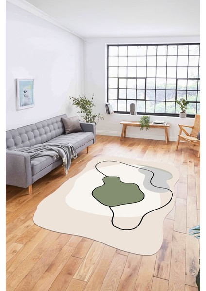 Baskılı Lazer Kesim Modern Yıkanabilir Kaymaz Yolluk Mutfak Salon Halısı, Lazer-32-Yeşil,