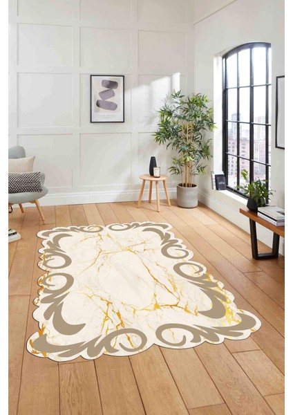 Dijital Lazer Kesim Modern Desen Yıkanabilir Kaymaz Yolluk Mutfak Salon Halısı, Lazer-36-Bej,