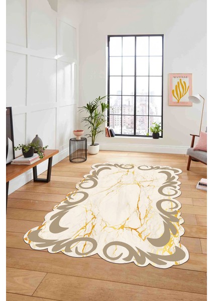 Dijital Lazer Kesim Modern Desen Yıkanabilir Kaymaz Yolluk Mutfak Salon Halısı, Lazer-36-Bej,