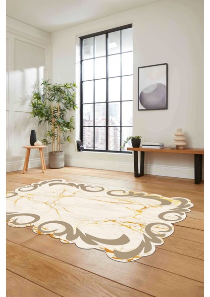 Dijital Lazer Kesim Modern Desen Yıkanabilir Kaymaz Yolluk Mutfak Salon Halısı, Lazer-36-Bej,