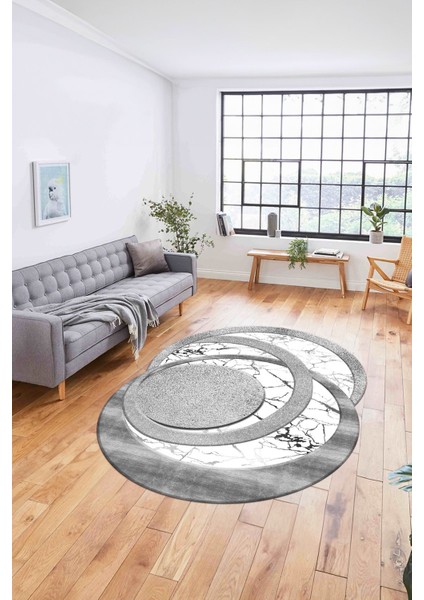 Dijital Lazer Kesim Daire Desen Yıkanabilir Kaymaz Yolluk Mutfak Salon Halısı, Lazer-33-Gri,