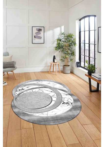 Dijital Lazer Kesim Daire Desen Yıkanabilir Kaymaz Yolluk Mutfak Salon Halısı, Lazer-33-Gri,