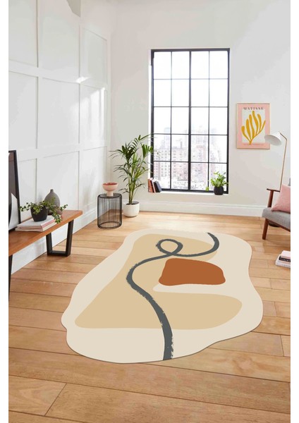 Dijital Lazer Kesim Sade Modern Yıkanabilir Kaymaz Yolluk Mutfak Salon Halısı, Lazer-45-Bej,