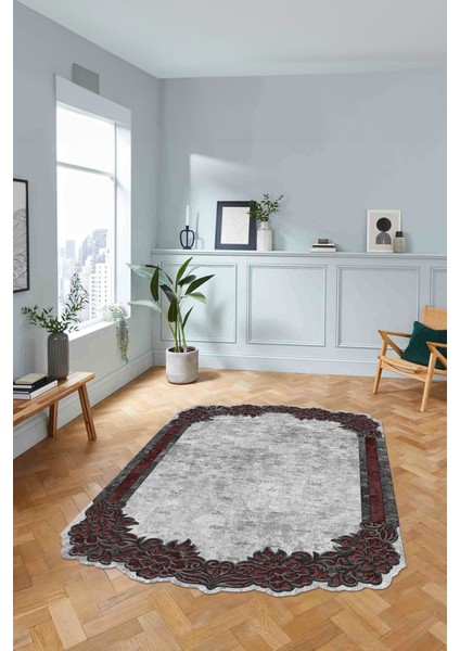 Dijital Lazer Kesim Akrilik Model Yıkanabilir Kaymaz Yolluk Mutfak Salon Halısı, Lazer-37-Bordo,