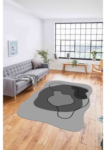 Baskılı Lazer Kesim Modern Yıkanabilir Kaymaz Yolluk Mutfak Salon Halısı, Lazer-32-Gri,