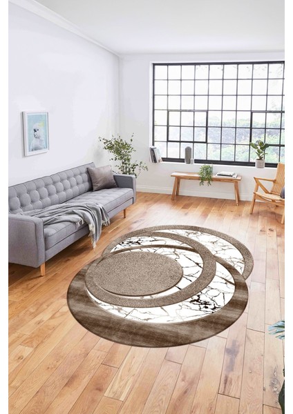 Dijital Lazer Kesim Daire Desen Yıkanabilir Kaymaz Yolluk Mutfak Salon Halısı, Lazer-33-Kahve,