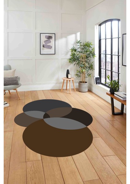 Dijital Lazer Kesim Daire Motifli Yıkanabilir Kaymaz Yolluk Mutfak Salon Halısı, Lazer-41-Kahve,