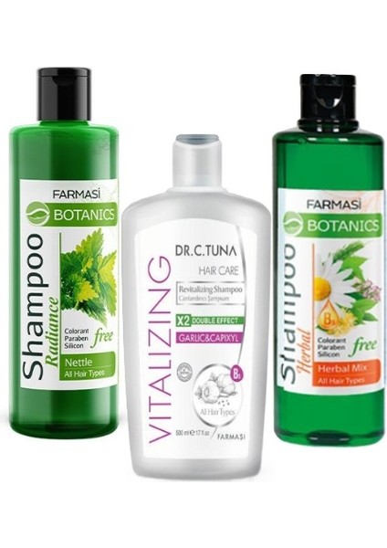 Dr. C. Tuna Vitalizing Sarımsaklı Şampuan - Botanics Isırgan Özlü Şampuan - Botanics Herbal Mix Şampuan