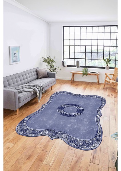 Dijital Lazer Kesim Göbek Motifli Yıkanabilir Kaymaz Yolluk Mutfak Salon Halısı, Lazer-49-Mavi,