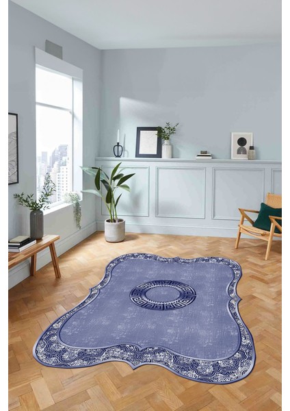 Dijital Lazer Kesim Göbek Motifli Yıkanabilir Kaymaz Yolluk Mutfak Salon Halısı, Lazer-49-Mavi,