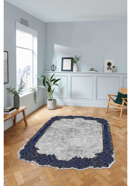 Dijital Lazer Kesim Akrilik Model Yıkanabilir Kaymaz Yolluk Mutfak Salon Halısı, Lazer-37-Lacivert,