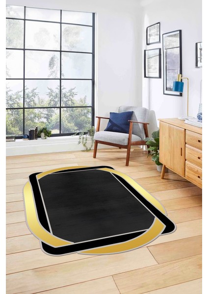 Dijital Lazer Kesim Kenar Geçişli Yıkanabilir Kaymaz Yolluk Mutfak Salon Halısı, Lazer-47-Gold,