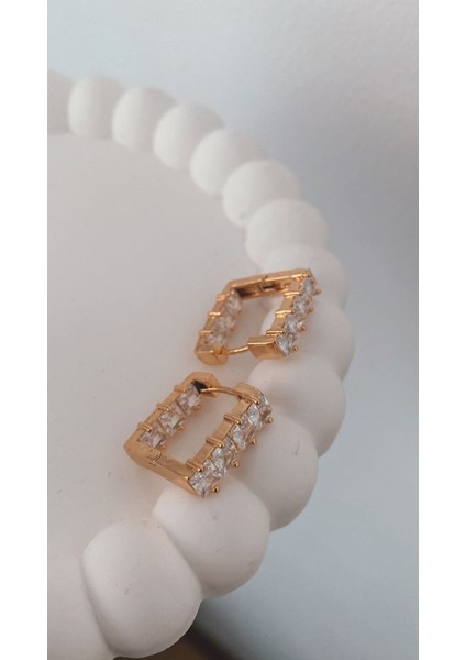 Kare Taşlı Küpe Şık Gold Küpe