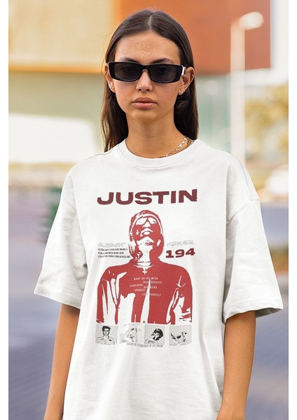 Tasarım Şarkıcı Justin Bieber Baskılı Unisex Oversize Tişört