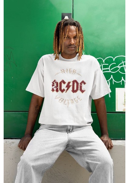 High Ac Dc Voltage Baskılı Unisex Oversize Rock Metal Tişört