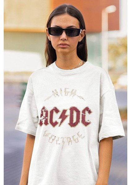 High Ac Dc Voltage Baskılı Unisex Oversize Rock Metal Tişört