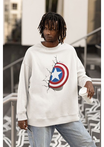 Marvel Kaptan Amerika Kalkan Baskılı Unisex Oversize Avengers Sweatshirt