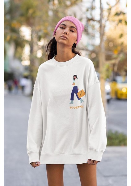 Özel Tasarım Çantalı Kadın Baskılı Unisex Oversize Sweatshirt