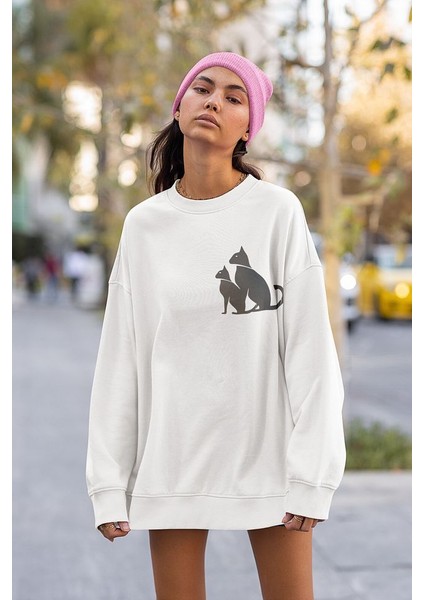 Minimalist Kedi Baskılı Unisex Oversize Sweatshirt