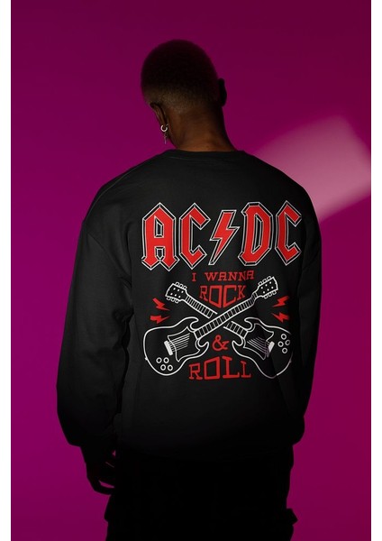 Rock Metal Müzik Grubu Baskılı Unisex Oversize Ac Dc Sweatshirt