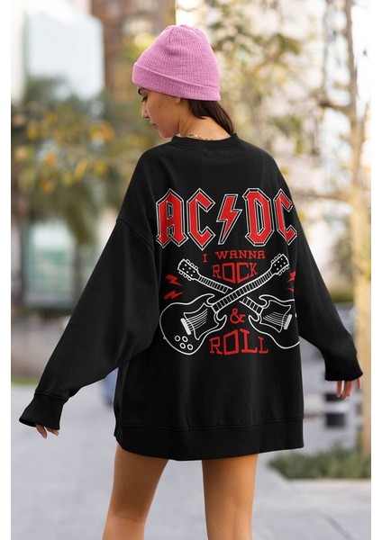 Rock Metal Müzik Grubu Baskılı Unisex Oversize Ac Dc Sweatshirt modelleri