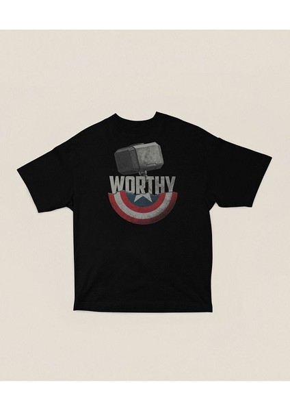 Worthy Kaptan Amerika Kalkan Baskılı Unisex Tişört, Oversize Thor Çekiç Baskılı Tişört modelleri