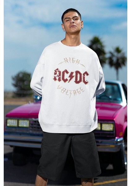 High Ac Dc Voltage Yazılı Unisex Oversize Rock Metal Sweatshirt