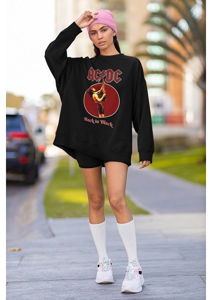 Ac Dc Back In Black Yazılı Unisex Oversize Rock Metal Sweatshirt