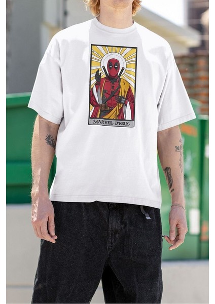 Marvel Jesuus Baskılı Oversize Unisex Deadpool Tişört