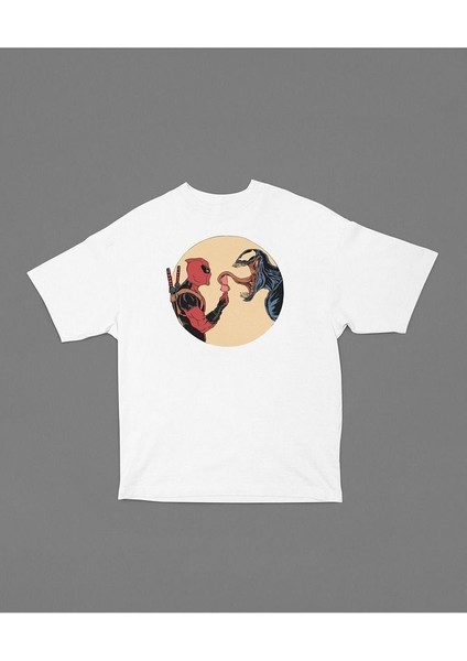 Deadpool x Venom Baskılı Unisex Tişört, Oversize Marvel Film Karakter Tişört