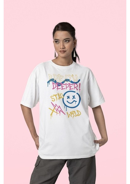 Breath Deeper ! Stay Wild Baskılı Unisex Oversize Tişört