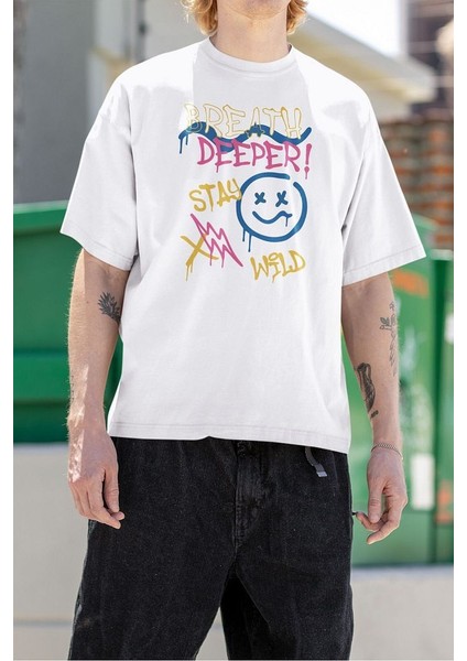 Breath Deeper ! Stay Wild Baskılı Unisex Oversize Tişört