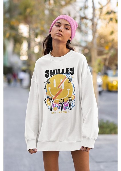 Smilley Forget Your Problem Baskılı Unisex Oversize Tasarım Sweatshirt