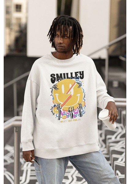 Smilley Forget Your Problem Baskılı Unisex Oversize Tasarım Sweatshirt